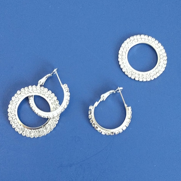 New Rhinestone Double Hoop Dangle Earrings - Picture 3 of 9